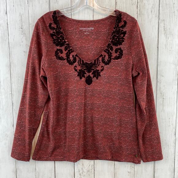Soft Surroundings Red Heathered Velvet Detail V- Neck Long Sleeve Top Size Small - Picture 1 of 8